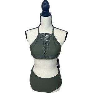 Women’s Olive Army Green Lace Up Hip & ￼Top Swim Suite Bikini Top &  Bottom Med